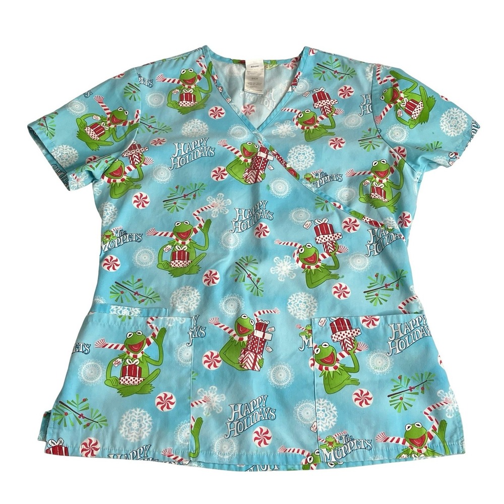 Disney‎ Kermit The Frog Muppets Holiday Scrub Top Womens S Blue Christmas Nurse